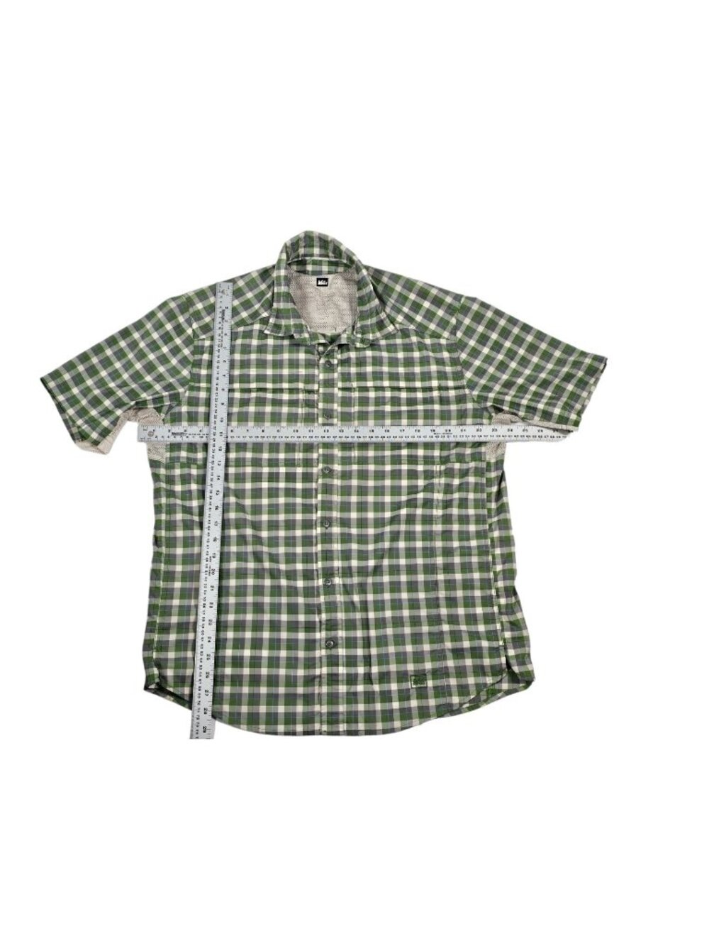 REI Men's Hiking Shirt Size L Plaid Vented Short Sleeve Button Up Green Gray